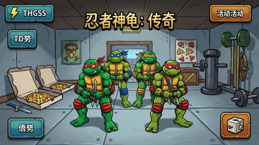 手机屏幕展示忍者神龟:传奇游戏主界面,画面主体是四位神龟在基地中待命的场景,布局采用竖屏手游界面,排版将任务按钮与活动入口分布在屏幕四周,风格为美漫卡通,细节表现基地内的披萨盒与训练器材,画质清晰明亮无多余元素,画面中文字为“忍者神龟:传奇”