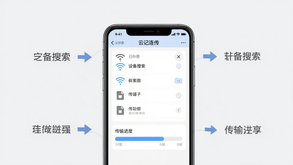 软件“云记连传”的新手操作引导界面,画面以手机屏幕为主体,屏幕上显示设备搜索列表和传输进度条,周围有简洁的步骤指示箭头和文字标签,背景为干净的浅灰色,布局清晰有序,风格扁平化教学示意图,细节包括Wi-Fi信号图标和文件图标,画质清晰,无多余装饰