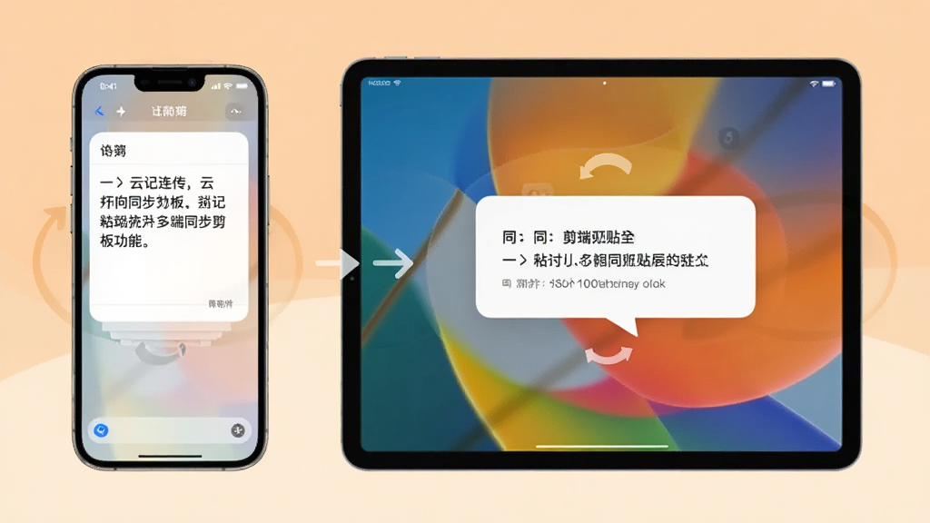 展示“云记连传”多端同步剪贴板功能,画面中一部手机和一台平板电脑屏幕同时亮起,手机屏幕上显示复制了一段文字,平板电脑屏幕上出现粘贴提示气泡,背景为温馨的浅橙色,布局左右平行,风格生活化且现代,细节包括同步箭头和文字内容示例,画质清晰,干净整洁