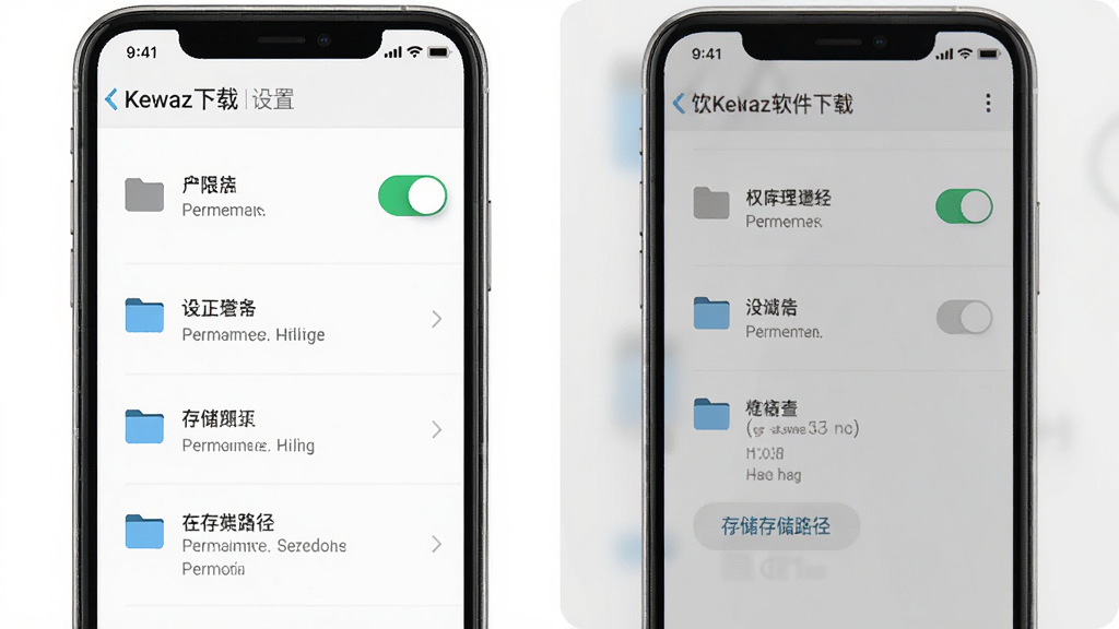 Kewaz软件下载设置页面示意图,主体是手机屏幕中显示权限管理与存储路径选项,布局为纵向列表,排版清晰,风格为浅色极简风,细节包含权限开关、文件夹图标、提示文字,画质高清,干净,无多余元素。