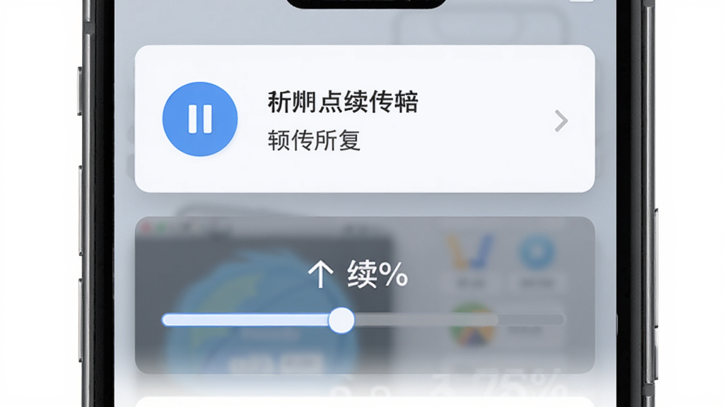 Kewaz软件断点续传功能示意图,主体是手机屏幕中显示下载暂停后恢复的进度条,布局为上下排列的任务卡片,排版直观,风格为清爽浅色系,细节包含暂停按钮、续传标识、百分比数字,画质高清,干净,无多余元素。
