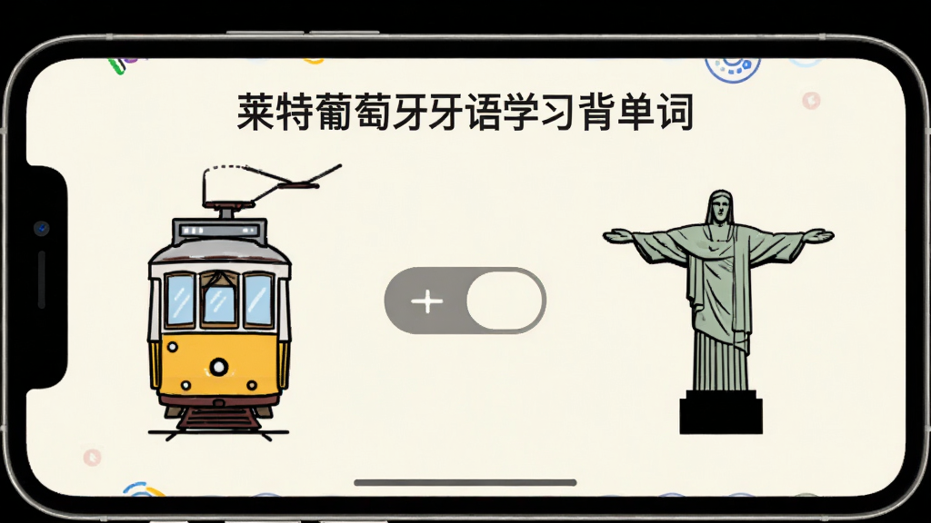 一部手机屏幕显示莱特葡萄牙语学习背单词的发音设置界面,左侧是欧洲葡萄牙语图标配里斯本电车简笔画,右侧是巴西葡萄牙语图标配里约热内卢基督像简笔画,中间是切换按钮,背景为米白色,风格简洁明快,画质清晰,文字标注“莱特葡萄牙语学习背单词”