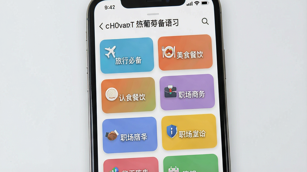 一张展示莱特葡萄牙语学习背单词词库分类页面的图片,画面中手机屏幕显示多个彩色卡片式分类标签,如“旅行必备”“美食餐饮”“职场商务”等,每张卡片配有对应小图标,背景为浅灰色,风格清爽现代,画质干净,文字清晰可辨