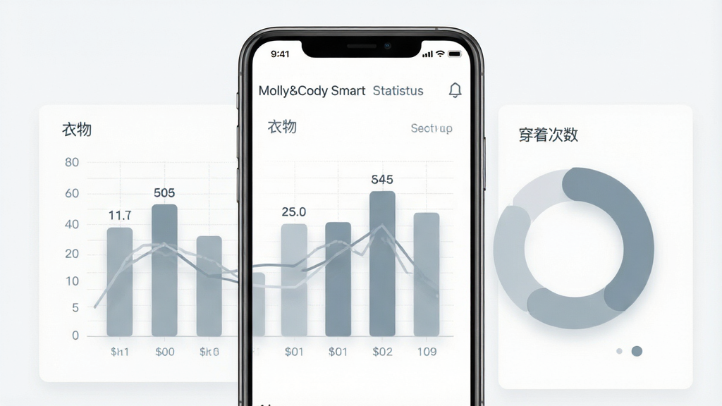 一张展示 Molly&Cody Smart 数据统计页面的界面图,画面主体为手机屏幕内柱状图与环形图组合,图表旁标注衣物名称与穿着次数,布局采用上下结构,风格为极简数据可视化,细节包含柔和的灰蓝色调、清晰的数字标签与细线网格,画质干净利落,无多余元素