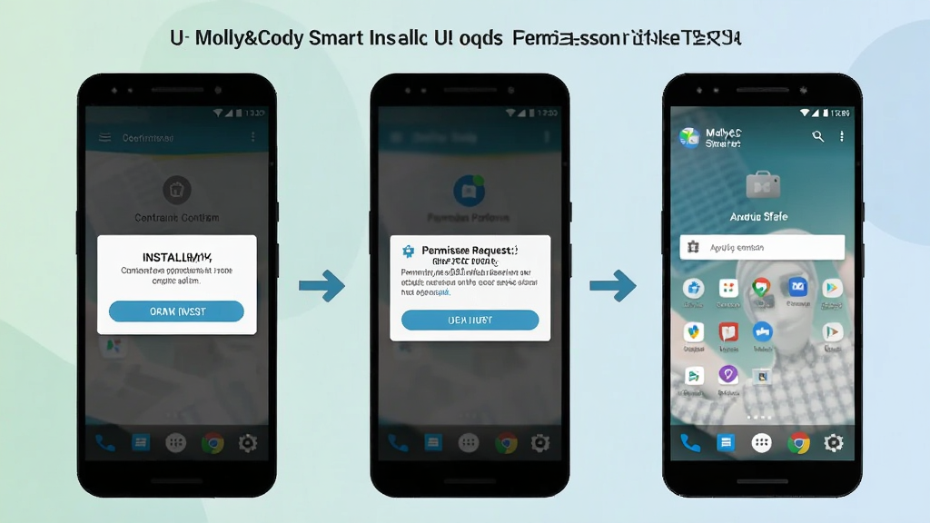一幅展示 Molly&Cody Smart 在安卓手机上安装与权限设置流程的示意图,画面主体为手机屏幕依次显示安装确认弹窗、权限请求对话框与应用主界面,布局采用横向排列的三屏展示,风格为简洁的 UI 流程说明图,细节包含清晰的按钮高亮、箭头引导与柔和的背景色,画质干净清晰,无多余装饰