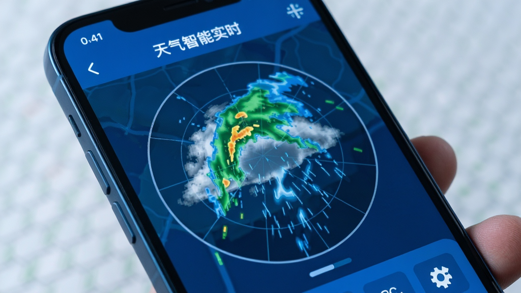 天气预报智能实时报 界面中显示雷达云图 正在下小雨的动画效果 手机屏幕特写 科技蓝风格 画质清晰 干净无杂物