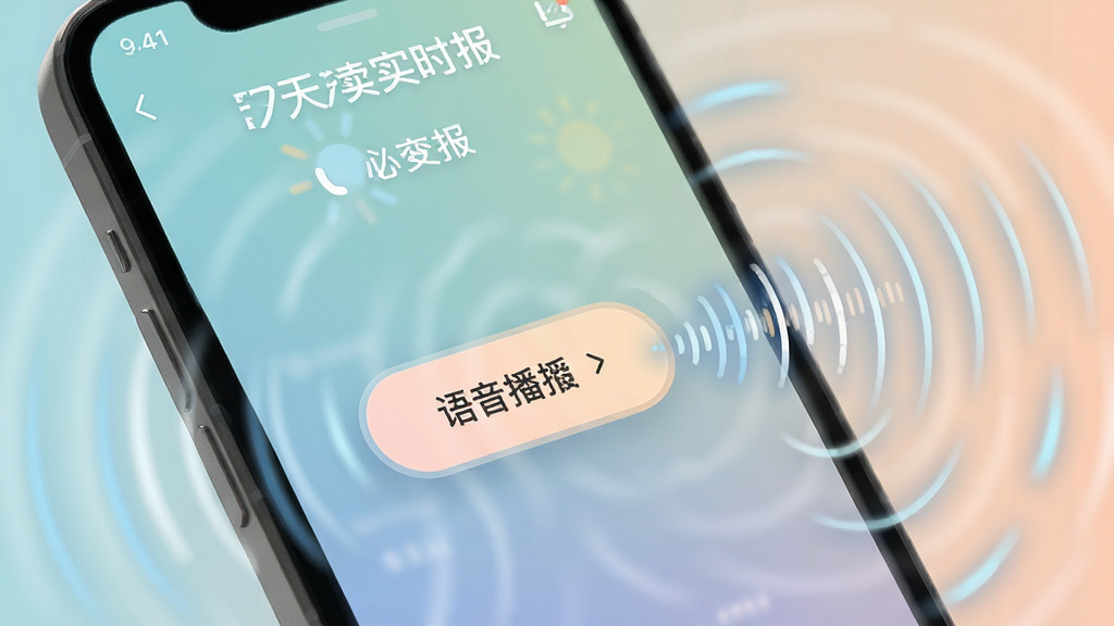 天气预报智能实时报 语音播报按钮 声波扩散动画 手机界面 柔和色调 细节丰富 画质干净