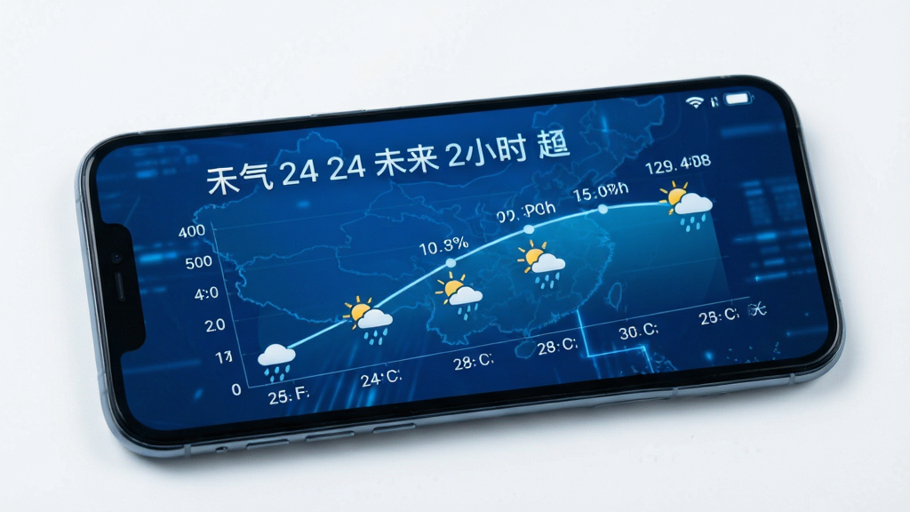 天气预报智能实时报 手机屏幕显示 未来24小时天气趋势图 蓝色科技感背景 干净简洁 无多余元素 高清画质