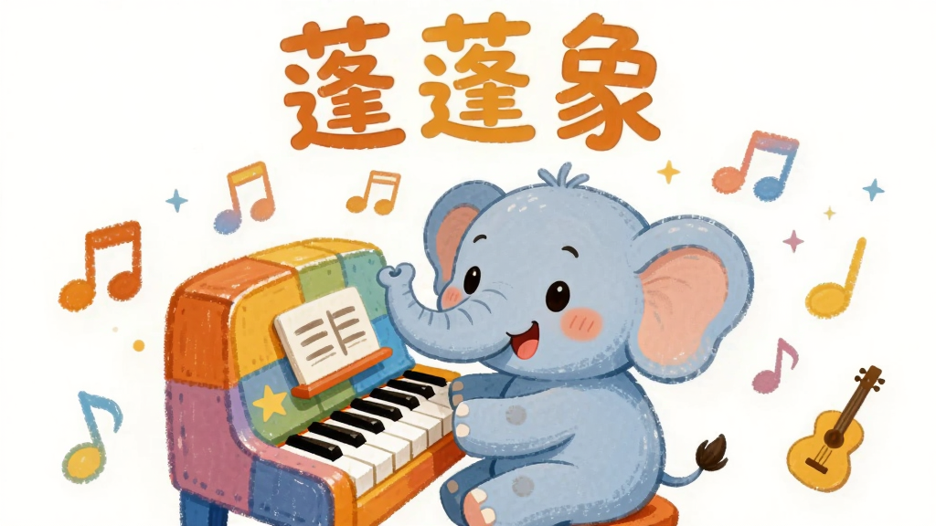 主体为一只可爱的卡通小象正在弹奏彩色钢琴,周围漂浮着音符和星星;布局采用居中构图,小象位于画面中央,左右两侧分别放置音符和乐器图标;排版简洁,上方留白区域用圆润字体写出“蓬蓬象”三个字;风格为卡通手绘风,色彩明亮温暖,以橙色、黄色和浅蓝色为主;细节包括小象的表情开心、钢琴琴键清晰、音符有渐变效果;画质高清,干净无多余元素