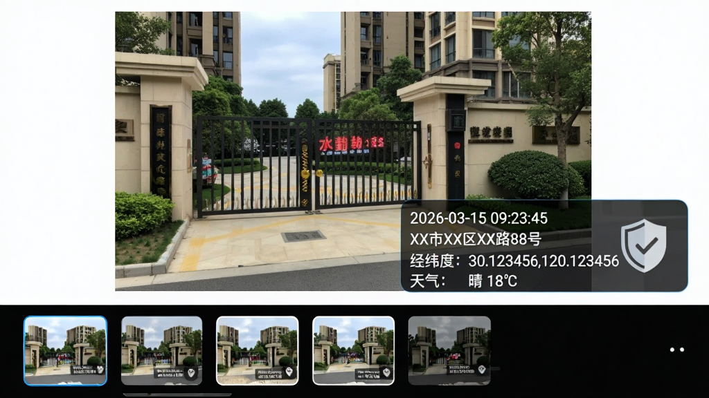 水印相机打卡外勤功能展示图,画面主体为一张拍摄完成的照片,照片内容为某小区门口,照片右下角有清晰的水印信息框,显示“2026-03-15 09:23:45”“XX市XX区XX路88号”“经纬度:30.123456,120.123456”“天气:晴 18℃”,水印框旁边有一个盾牌图标表示防伪,照片下方有一排可切换的水印模板缩略图,整体布局为手机相册预览界面风格,细节上水印文字锐利,背景干净,画质高清,无多余元素