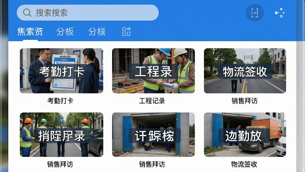 水印相机打卡外勤水印模板选择界面,画面为手机屏幕截图风格,屏幕内以网格形式排列多个水印模板缩略图,每个缩略图展示不同场景的模拟照片和水印样式,如“考勤打卡”“工程记录”“销售拜访”“物流签收”等标签,界面顶部有搜索框和分类标签,整体风格清爽简洁,配色以蓝白为主,细节上模板名称清晰可读,画质高清,无杂乱元素
