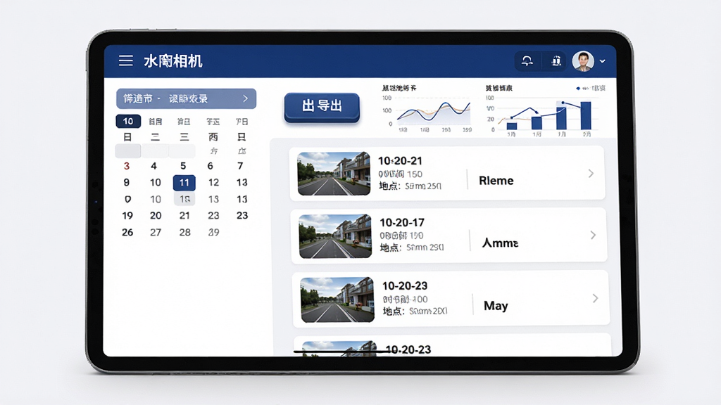 水印相机打卡外勤云端记录管理界面,画面为平板电脑或手机横屏展示,左侧为日历和筛选条件栏,右侧为打卡记录列表,每条记录包含缩略图、时间、地点、人员姓名,顶部有导出按钮和统计图表,整体布局为后台管理面板风格,配色为深蓝与白色搭配,细节上图表数据清晰,按钮有立体感,画质高清,干净无多余元素