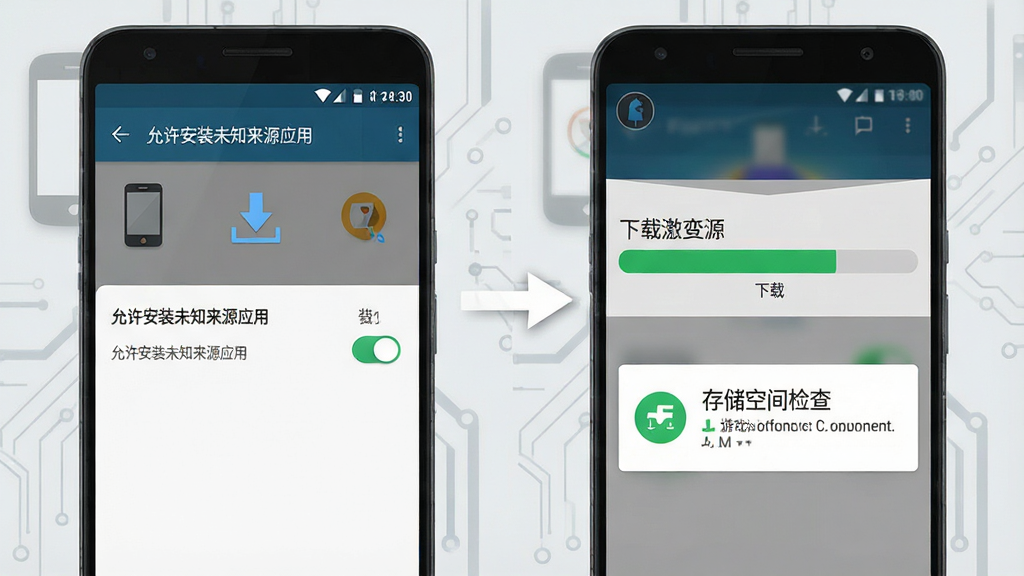 一张手机游戏安装教程示意图,画面左侧展示安卓手机设置中“允许安装未知来源应用”的开关界面,右侧展示游戏资源下载进度条与存储空间检查提示,背景为浅灰色科技风格,布局为左右分栏对比,风格为扁平化UI设计,细节包含手机图标与下载箭头,画质清晰,干净无多余元素