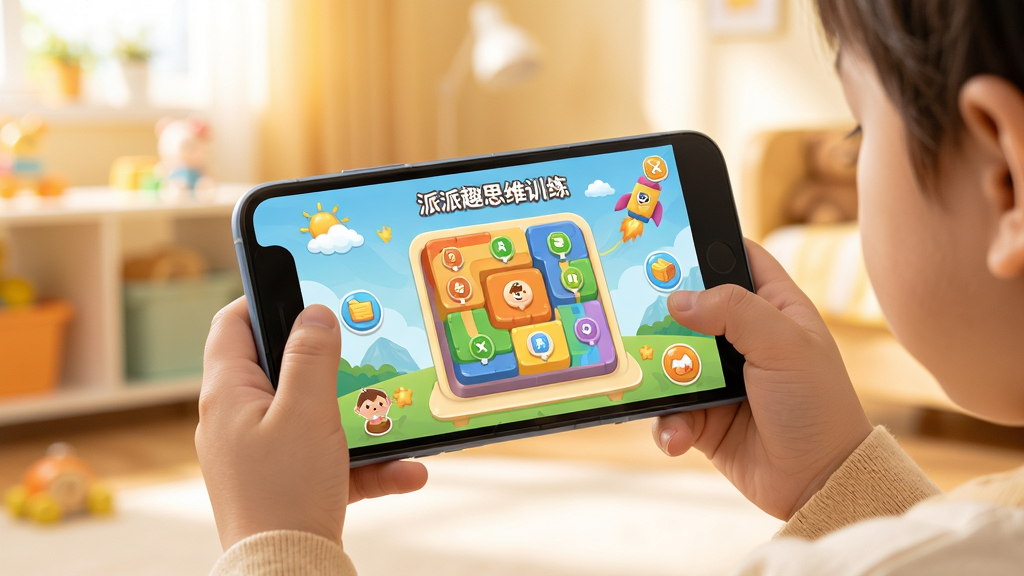派派趣思维移动端使用场景,儿童手持安卓手机使用思维训练APP,屏幕显示彩色关卡界面,背景温馨明亮,卡通插画风格,细节精致,画质清晰,干净无多余元素