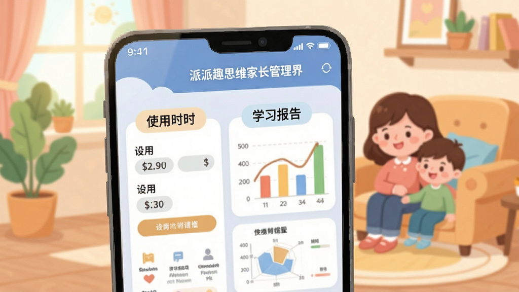 派派趣思维家长管理界面,卡通风格手机屏幕展示使用时长设置和学习报告图表,温馨家庭场景,柔和色调,扁平插画风格,细节精致,画质清晰,干净无多余元素