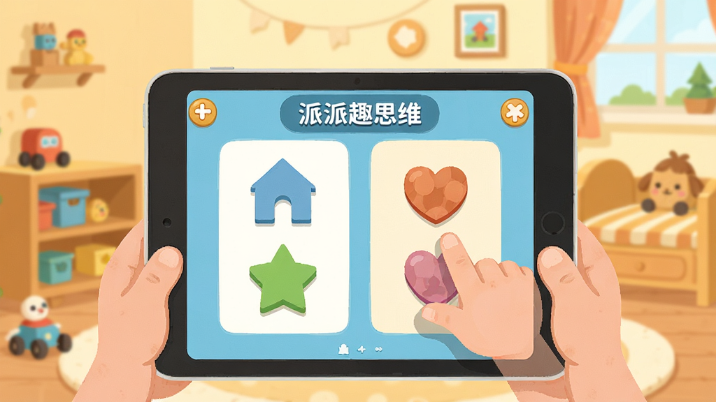 派派趣思维趣味互动关卡界面,卡通儿童手持平板电脑玩益智游戏,屏幕上显示拖拽图形匹配的互动画面,背景是温馨的儿童房,明亮温暖的色调,扁平插画风格,细节丰富,画质清晰,干净无多余元素