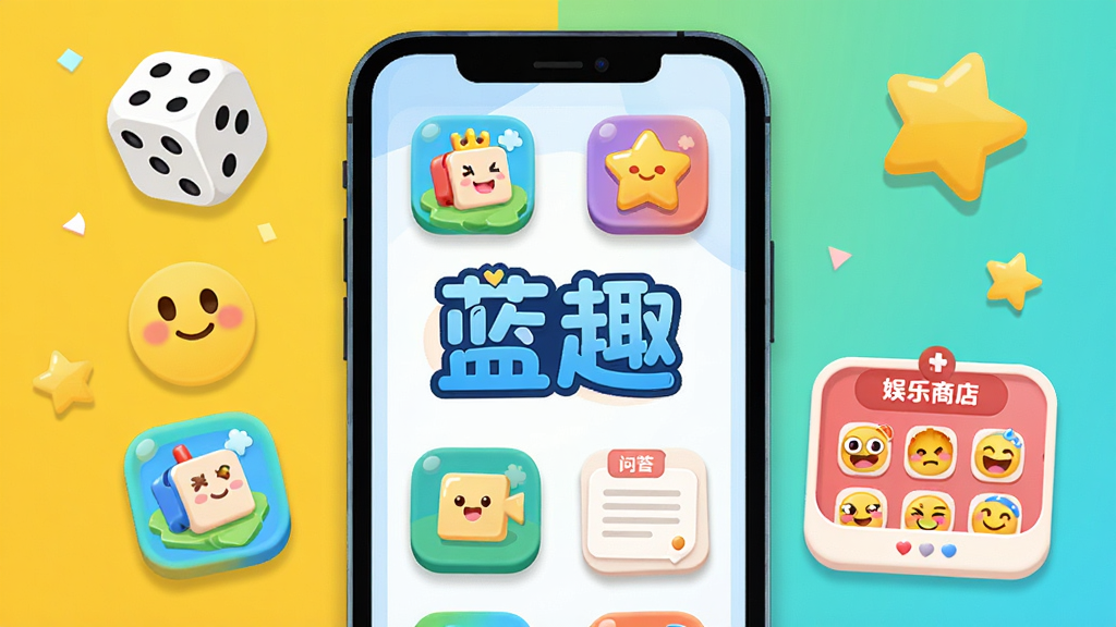 蓝趣轻娱乐模块展示图,手机屏幕内显示小游戏图标、问答卡片和表情包商店入口,周围有骰子、笑脸和星星装饰,画面中央有“蓝趣”标志,风格为活泼卡通扁平插画,色调明亮多彩,布局居中,细节有圆角图标和柔和阴影,画质高清,干净无多余元素