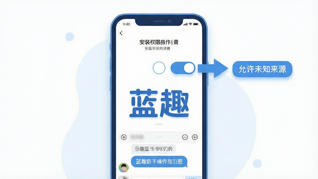 一张蓝趣新手操作指引图,画面中央是手机屏幕显示安装权限设置界面,旁边有箭头指向“允许未知来源”开关,屏幕下方有聊天界面缩略图,画面中央有“蓝趣”文字,风格为教程类扁平插画,蓝色与白色为主,布局清晰,细节有圆角按钮和柔和阴影,画质高清,干净无多余元素