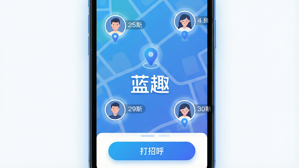 一张蓝趣附近的人功能展示图,手机屏幕显示地图背景与多个用户头像标记,头像旁有距离数值,底部有打招呼按钮,画面中央有“蓝趣”字样,风格为科技感扁平插画,蓝色渐变为主,布局清晰,细节有定位图标和柔和光晕,画质高清,干净无多余元素