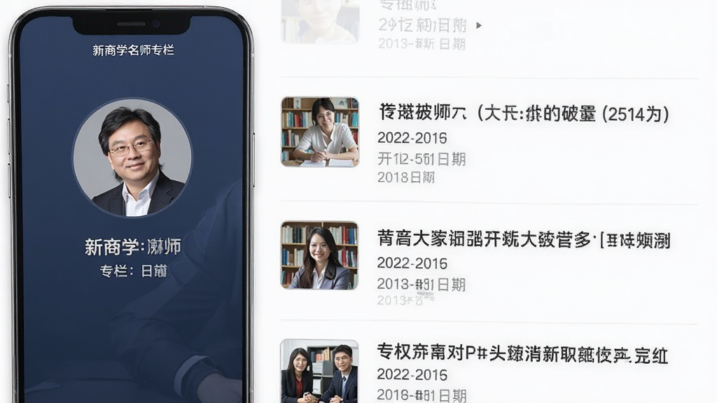 得到新商学名师专栏界面,手机屏幕中显示讲师头像与专栏文章列表,布局为列表式,排版清晰,风格专业稳重,细节包含讲师姓名与专栏更新日期,画质高清,干净,无多余元素