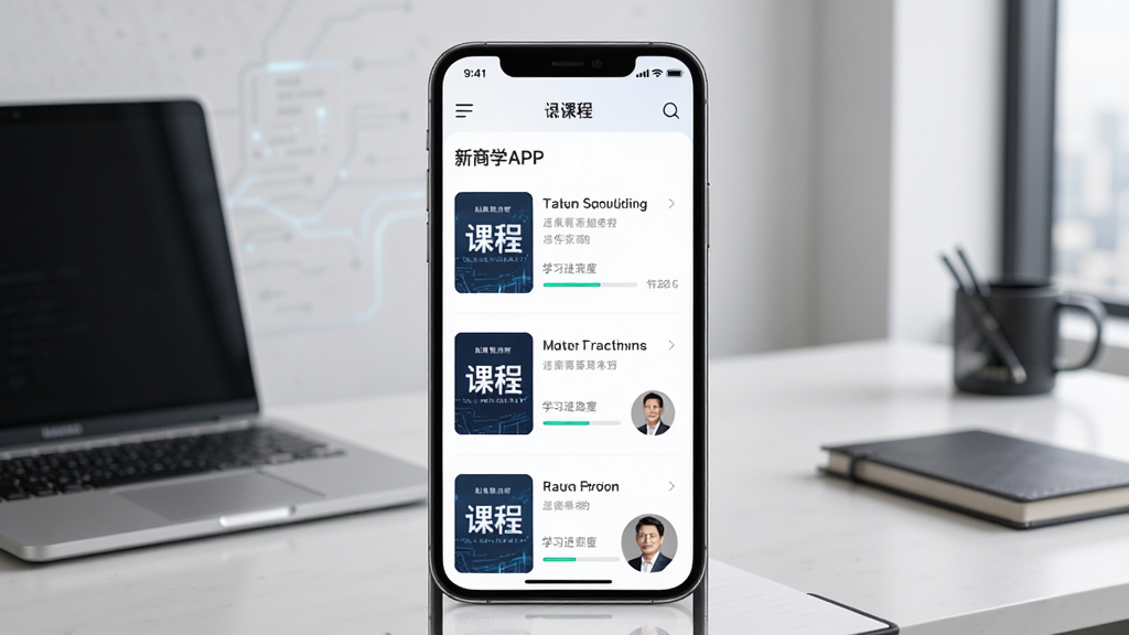 得到新商学APP主界面展示,手机屏幕中显示商业课程列表与讲师头像,背景为现代简约办公桌,布局居中,排版清晰,风格商务科技感,细节包含课程封面、学习进度条,画质高清,干净,无多余元素