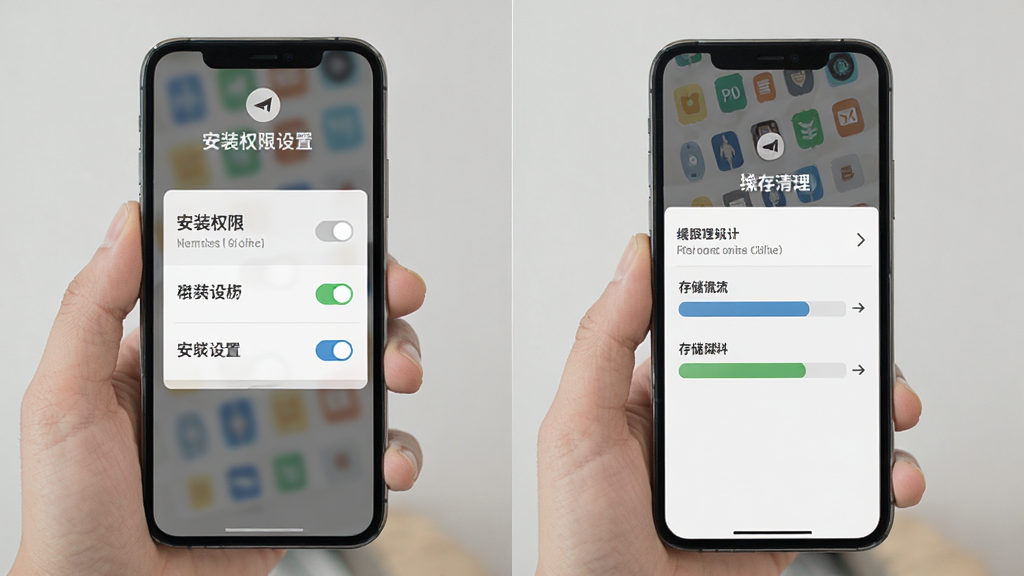得到新商学新手操作指引图,手机屏幕中显示安装权限设置与缓存清理界面,布局分步展示,排版直观,风格扁平化,细节包含权限开关与存储条,画质清晰,干净,无多余元素