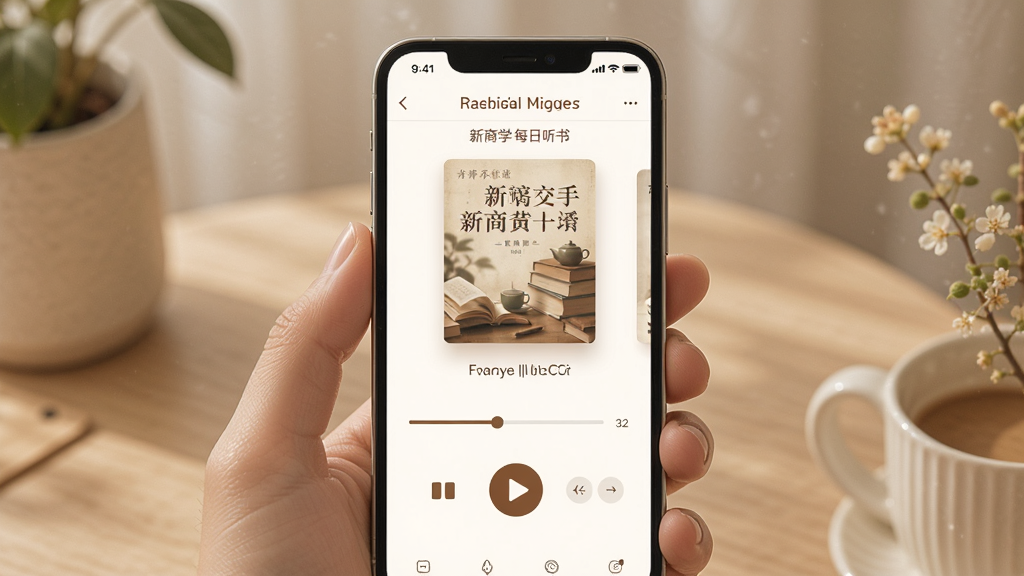 得到新商学每日听书页面,手机屏幕中显示音频播放器与书籍封面,布局居中,排版简洁,风格温暖舒适,细节包含播放按钮、进度条与倍速选项,画质清晰,干净,无多余元素