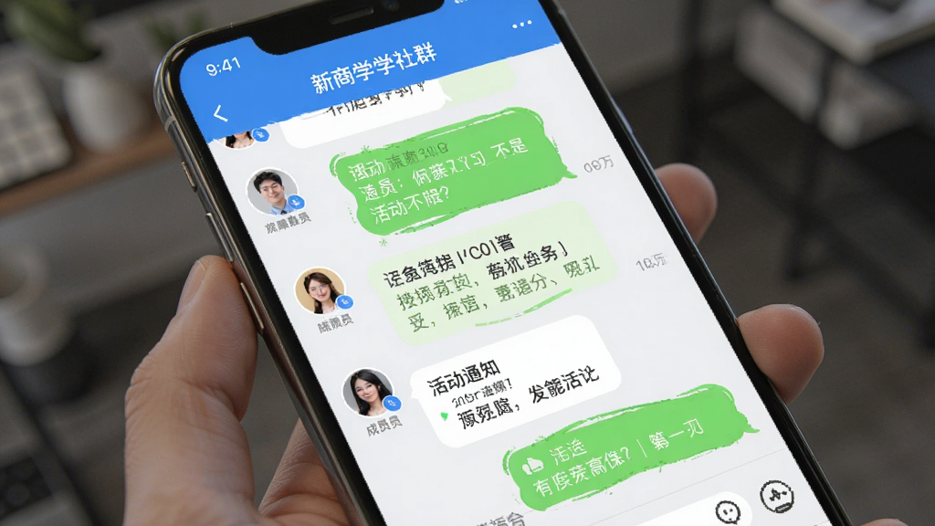 得到新商学学习社群界面,手机屏幕中显示群聊消息与成员头像,布局为聊天式,排版活泼,风格社交化,细节包含消息气泡与活动通知,画质高清,干净,无多余元素