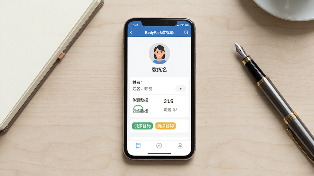 一张展示手机应用中学员档案管理界面的图片,画面主体是一部智能手机,屏幕中显示BodyPark教练端的学员档案页面,包含学员头像、姓名、体测数据和训练目标标签,布局为手机居中放置于浅色桌面上,周围有笔记本和钢笔作为点缀,风格为简洁产品展示风,细节包括清晰的界面文字和图标,画质高清,干净无多余元素