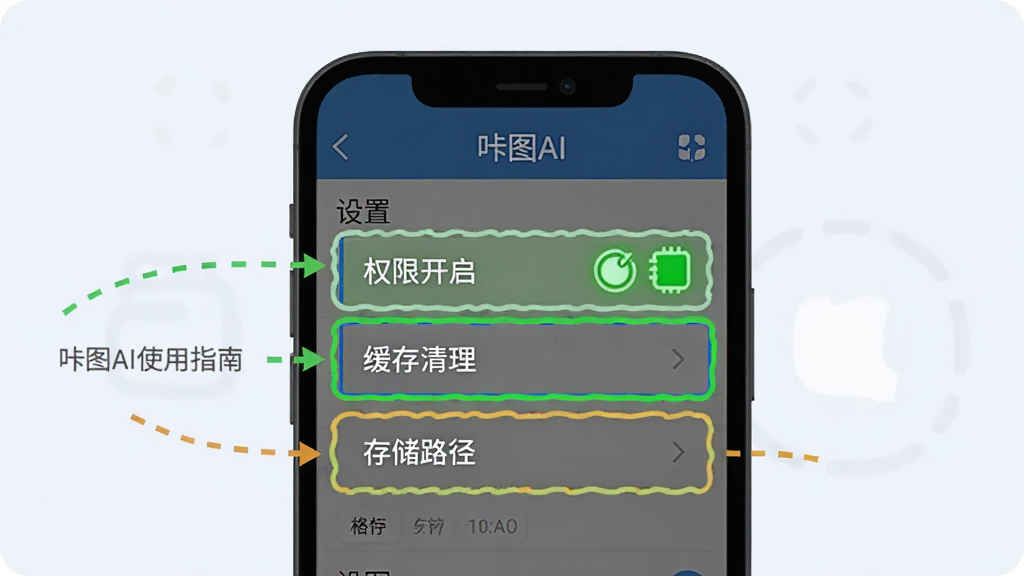 咔图AI使用指南示意图,手机屏幕展示设置界面,高亮标注权限开启、缓存清理、存储路径三个选项,界面顶部显示