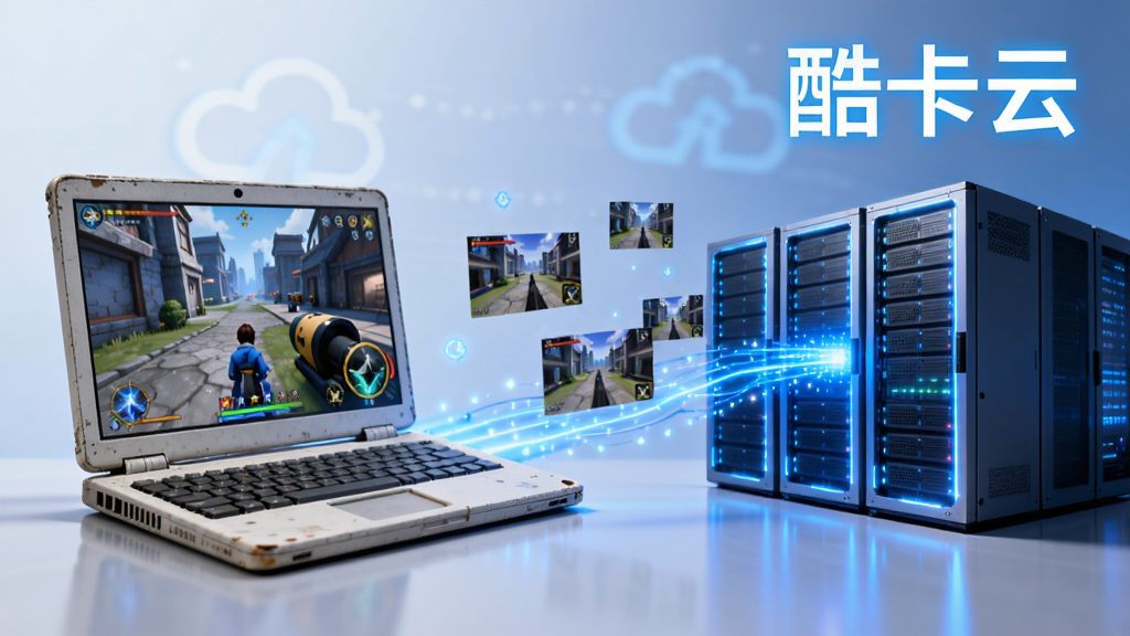 一幅表现云端服务器强大算力的概念图,画面左侧是一台配置普通的旧款笔记本电脑,右侧是一组发光的服务器机柜,两者之间用流动的蓝色光带相连,光带上漂浮着游戏画面碎片,笔记本屏幕里显示着流畅运行的3D游戏场景,画面右上角有