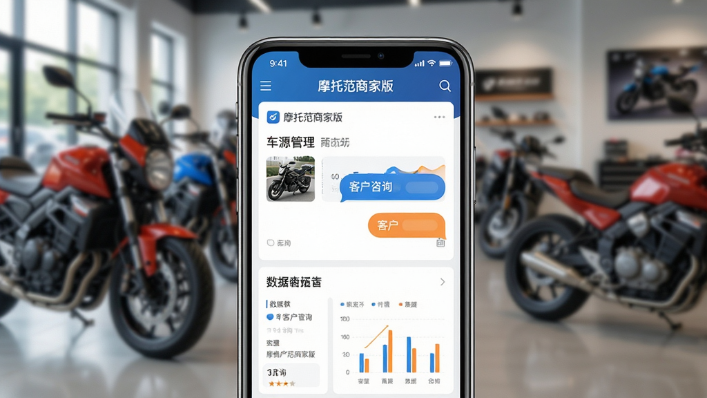 主体为一部智能手机,屏幕中显示摩托范商家版应用界面,界面包含车源管理列表、客户咨询气泡与数据看板图表;布局采用居中构图,手机置于画面中央,背景为虚化的摩托车展厅;排版上屏幕内容清晰可辨,图标与文字排列整齐;风格为现代科技感与商业应用展示风;细节包括手机边缘高光、界面卡片圆角、数据图表蓝橙配色、车源缩略图隐约可见摩托车轮廓;画质为高清渲染,干净无多余元素,画面中文字为