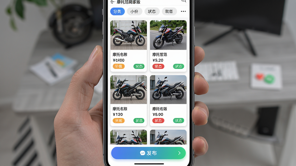 主体为手机屏幕中摩托范商家版车源管理页面,画面中排列着多张摩托车卡片,每张卡片包含车辆照片、名称、价格与状态标签;布局为竖向列表式排列,卡片间距均匀;排版上顶部有分类筛选栏,底部有发布按钮;风格为简洁明快的移动应用界面风格;细节包括卡片阴影、状态标签颜色区分、摩托车缩略图清晰、按钮带有轻微渐变;画质高清,干净无多余元素,画面中文字为
