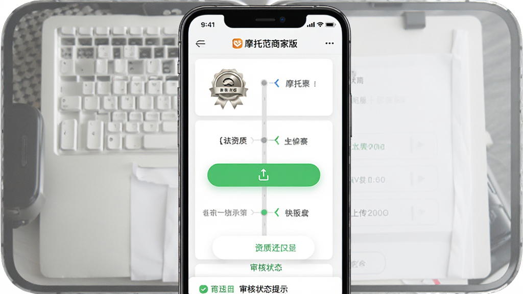 主体为手机屏幕展示摩托范商家版店铺认证页面,画面中有认证徽章、资质上传入口与审核状态提示;布局为纵向卡片式排列;排版上认证步骤以时间轴形式呈现,当前步骤高亮;风格为简洁的移动端表单界面风格;细节包括徽章金属质感、上传按钮图标、状态文字颜色区分;画质高清,干净无多余元素,画面中文字为