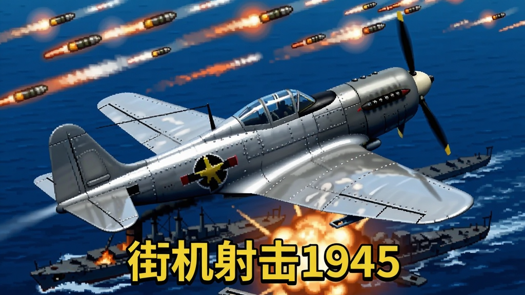 画面主体为一架银灰色二战风格战斗机,从画面左下方向右上方斜向飞行,机身下方是深蓝色海洋与燃烧的敌舰残骸。布局采用竖版构图,上方三分之一为密集的橙色与白色弹幕轨迹,中部为战机主体特写,下方为爆炸火光与海浪。排版采用街机游戏海报风格,画面中央偏下位置用粗体黄色字体写