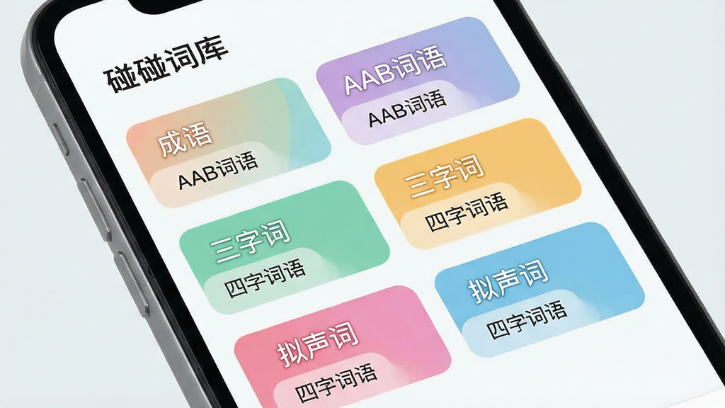 一张展示“碰碰词”词库分类界面的图片,主体是手机屏幕,屏幕上整齐排列着“成语”、“AAB词语”、“三字词”、“四字词语”、“拟声词”等多个彩色标签,布局采用网格化排版,风格为清新浅色系UI,细节包含每个标签旁的词语示例小字,画质清晰,画面干净,无多余元素