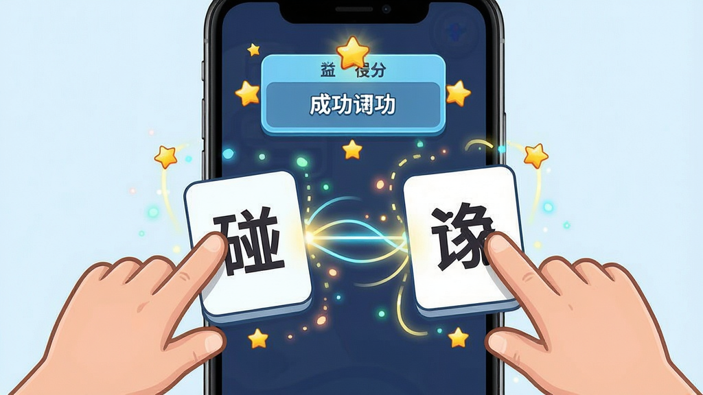 一张“碰碰词”应用内的游戏化学习场景截图,画面展示两只手在手机屏幕上拖拽两个汉字卡片进行碰撞,卡片周围有发光粒子和连接线特效,布局采用中心聚焦排版,风格为活泼的卡通科技风,细节包含碰撞成功后的词语展示框和得分星星,画质清晰,画面干净,无多余元素