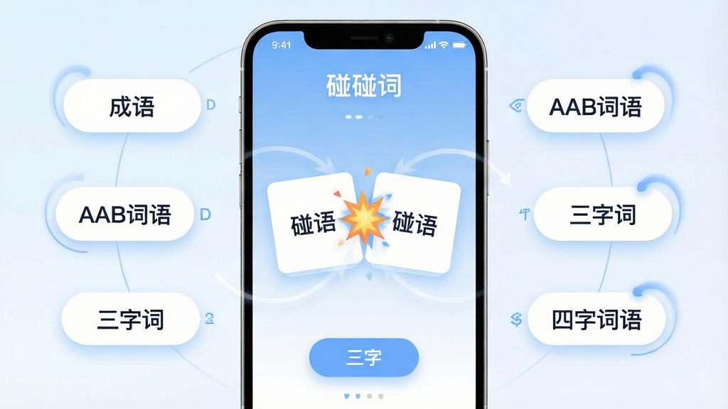 一款名为“碰碰词”的手机应用界面展示,画面中央是干净清爽的词语卡片碰撞组合动画效果,周围环绕着“成语”、“AAB词语”、“三字词”、“四字词语”等分类标签,布局采用居中对称排版,风格为现代扁平化UI设计,色彩以柔和的蓝白渐变为主,细节包含圆角卡片、悬浮按钮和微动效轨迹,画质清晰,画面干净,无多余元素