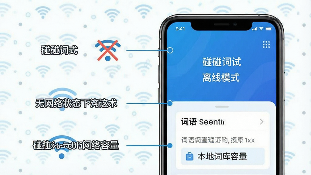 一张“碰碰词”应用在无网络状态下运行的示意图,画面主体是一部手机,屏幕显示“离线模式”标识和词语查询界面,布局采用侧边标注排版,风格为科技蓝调,细节包含Wi-Fi信号被划掉的图标和本地词库容量提示,画质清晰,画面干净,无多余元素