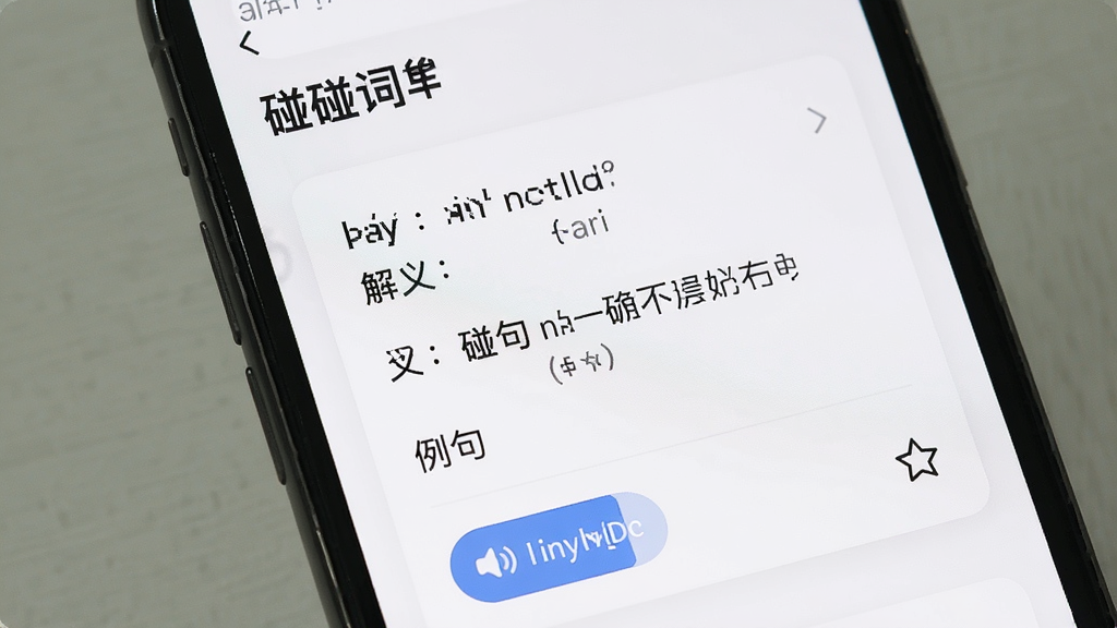 一张“碰碰词”词语详情页面的图片,主体是手机屏幕特写,屏幕上显示一个词语卡片,卡片上标注着拼音、释义和例句,布局采用上下结构排版,风格为简约阅读风,细节包含发音按钮和收藏图标,画质清晰,画面干净,无多余元素