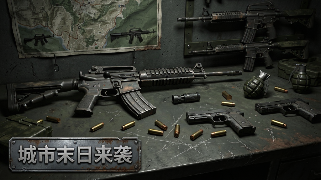 画面主体是一个末日风格的工作台,台面上摆放着突击步枪、手枪、手雷与各种武器配件,背景是昏暗的安全屋墙壁,墙上挂着战术地图与武器挂架,构图采用平视特写角度,排版上软件名称“城市末日来袭”以金属铭牌样式放置在画面左下角,风格为写实军事废土风,细节包括武器上的磨损痕迹、台面的划痕、散落的子弹壳,画质为4K超高清、干净、无多余元素