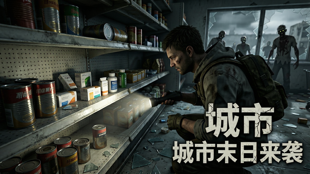 画面主体是一位末日幸存者蹲在废弃超市的货架旁翻找物资,货架上散落着罐头与药品,手电筒的光束照亮了昏暗的空间,构图采用第一人称视角,排版上软件名称“城市末日来袭”以裂纹字体出现在画面右下角,风格为写实废土末日风,细节包括货架上的灰尘、地面的碎玻璃、窗外隐约可见的丧尸身影,画质为4K超高清、干净、无多余元素
