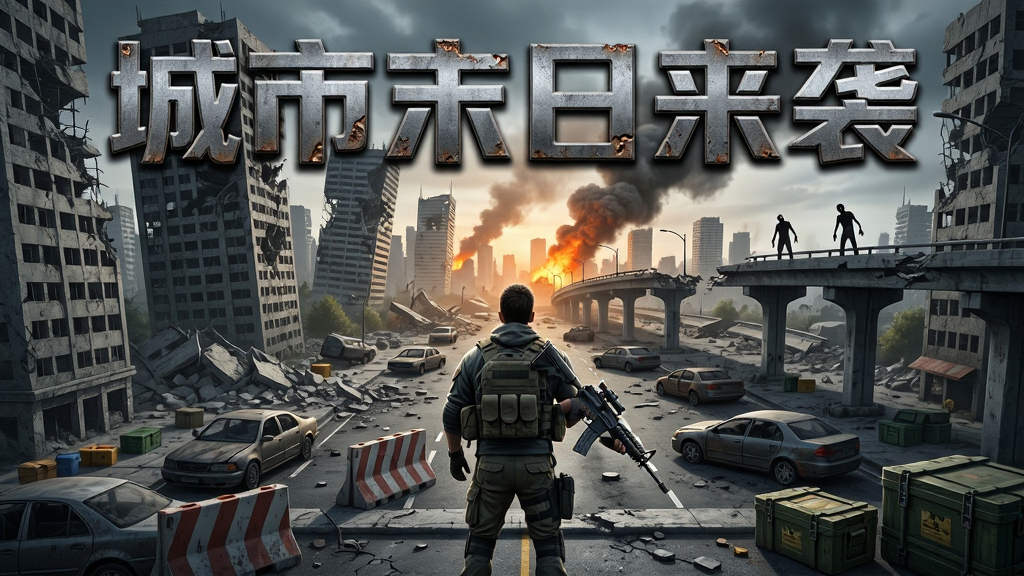 画面主体是一座被废弃的现代城市废墟,高楼倾斜倒塌,街道上布满废弃车辆与路障,远处有橙色火光与浓烟升起,画面中央一位身穿战术装备的幸存者手持突击步枪背对镜头,构图采用广角俯视角度展现城市全貌,排版上软件名称“城市末日来袭”以破损金属质感字体放置在画面上方,风格为写实废土末日风,细节包括碎石瓦砾、断裂的高架桥、散落的物资箱与远处游荡的丧尸剪影,画质为4K超高清、干净、无多余元素