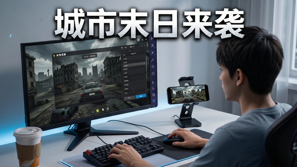 画面主体是一位新手玩家坐在电脑前使用模拟器游玩城市末日来袭,屏幕上显示游戏设置界面,旁边有手机展示移动端画面,构图采用斜侧方视角,排版上软件名称“城市末日来袭”以标题样式出现在画面上方,风格为简洁科技风,细节包括模拟器设置面板、手机支架、桌面上的饮料杯,画质为4K超高清、干净、无多余元素