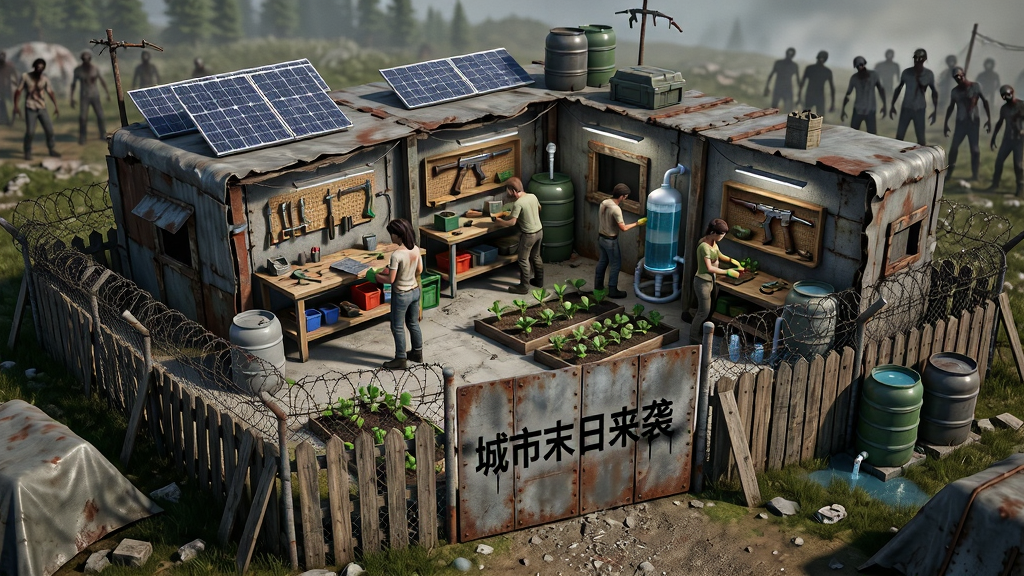 画面主体是一座由废弃材料搭建的末日避难所,外围有铁丝网与木质路障,内部有工作台、农田与净水装置,几位幸存者正在忙碌,构图采用斜俯视全景角度,排版上软件名称“城市末日来袭”以喷涂字体出现在避难所入口的金属板上,风格为写实生存建造风,细节包括太阳能板、雨水收集桶、墙上的武器架、远处的丧尸群剪影,画质为4K超高清、干净、无多余元素