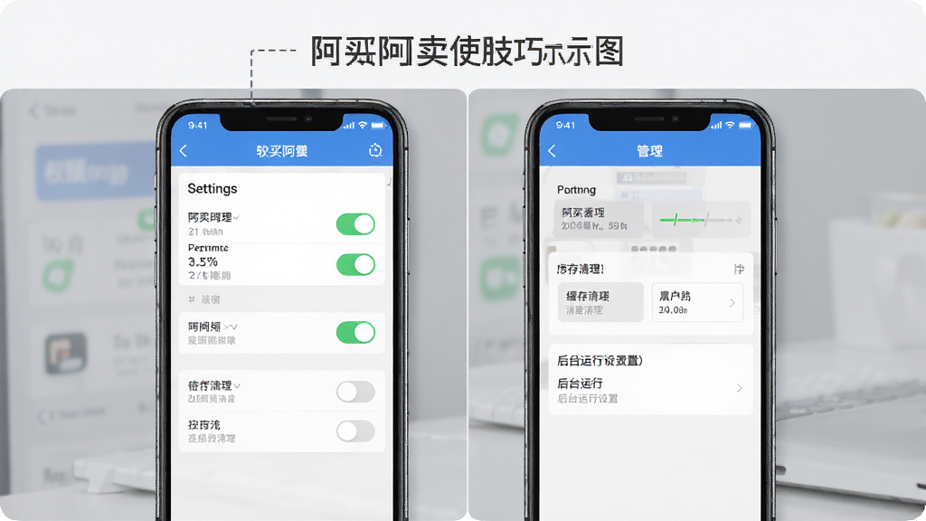 阿买阿卖使用技巧示意图,主体为手机屏幕中展示软件设置页面与权限管理界面,布局采用上下分栏结构,排版清晰有序,风格为简约商务风,细节包含权限开关按钮、缓存清理选项与后台运行设置项,画质高清,干净无冗余