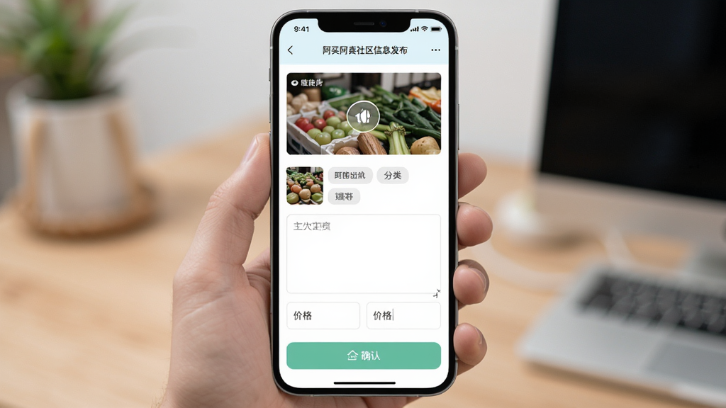 阿买阿卖社区信息发布界面,主体为手机屏幕中正在编辑的商品发布页面,布局采用顶部图片上传区加中部文字输入框加底部确认按钮,排版简洁明了,风格为清新浅色系设计,细节包含已上传的实物照片缩略图、分类选择标签与价格输入框,画质清晰,干净无杂乱