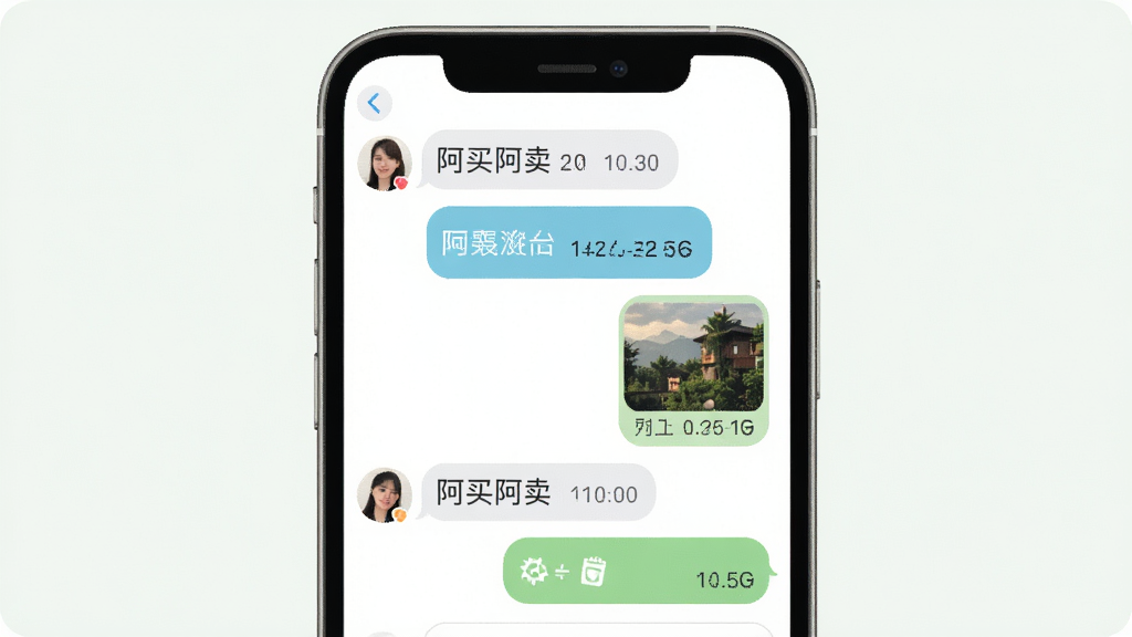 阿买阿卖即时聊天沟通界面,主体为手机屏幕中的对话窗口,布局采用左右气泡式消息排列,排版自然流畅,风格为柔和圆角设计,细节包含用户头像、文字消息气泡、图片消息缩略图与时间戳,画质清晰,干净整洁
