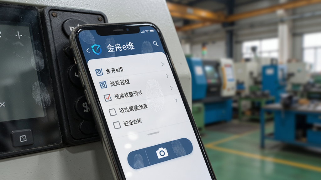 主体是一台工业设备旁的手机,屏幕上显示“金舟e维”巡检页面,页面中有勾选列表和拍照按钮,布局为斜侧视角展示手机与设备局部,风格为写实工业风,细节上屏幕有轻微指纹痕迹,背景有车间环境虚化,画质高清干净,无多余元素。