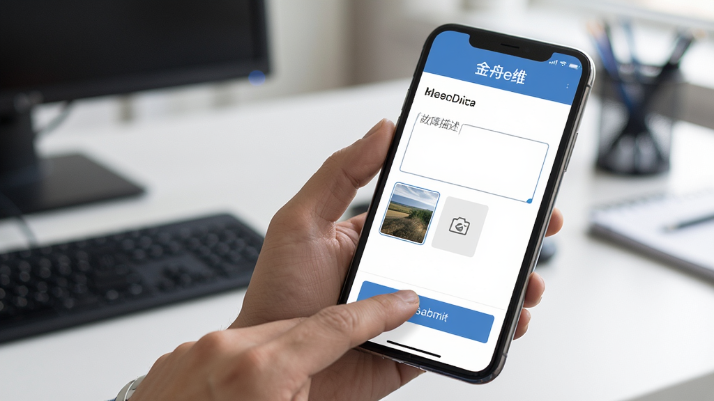 主体是手持手机的用户,屏幕上显示“金舟e维”报修单填写界面,界面中有故障描述输入框和图片上传缩略图,布局为第一人称视角展示手机屏幕,风格为日常办公写实风,细节上手指正点击提交按钮,背景为模糊的办公室桌面,画质高清干净,无多余元素。